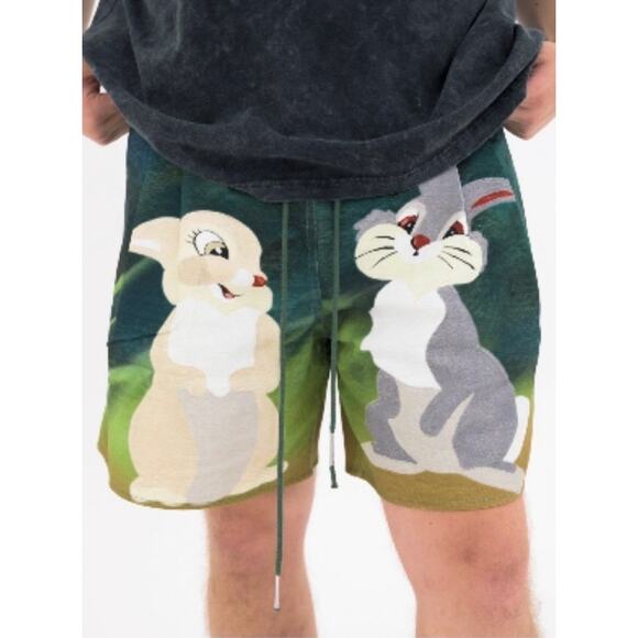 ROCHAMBEAU Yves Scherer Thumper Sport Shorts Men XL Green Disney Rabbit RARE - Picture 1 of 10